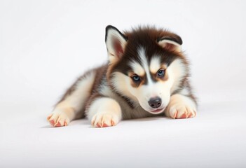 A fluffy Siberian husky puppy playfully sprawls on a pristine white background,  small dog,  fur