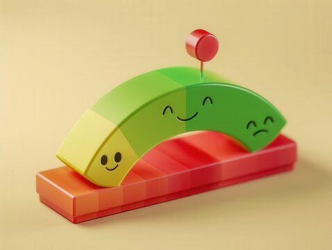 isometric D consumer confidence barometer with smiling and frowning faces gradient green to red on needle .