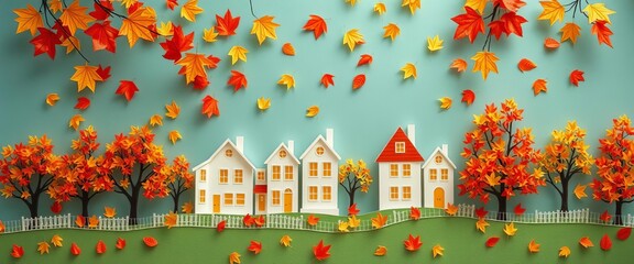 Obraz premium Clean cut paper houses, trees, autumn leaves falling, minimalist, silhouette