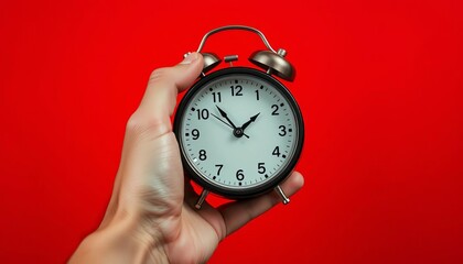 Close-up of a hand gently holding an alarm clock against a vibrant red backdrop,   visual,   background