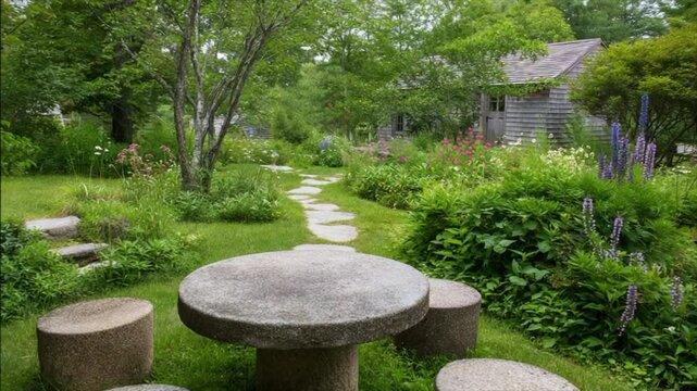 A stone table and four round concrete seating benches around it, surrounded by lush greenery in the backyard of an old New England home