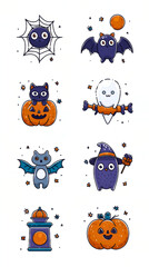 A set of Halloween icons, flat illustrations on a white background. Suitable for greeting cards, design and decoration.