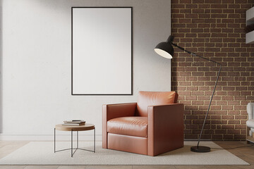 Modern living room with leather armchair blank picture frame and brick wall