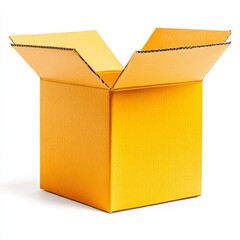 Minimalistic yellow cardboard cube box with open top. Isolated on white background. Concept of packaging or gift.