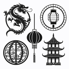 Black Chinese dragon pagoda lantern and ornamental elements