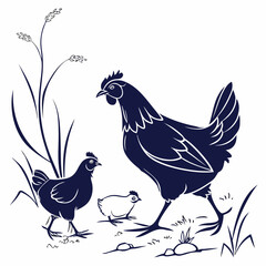 Dark Blue Hen and Chicks Silhouettes White Background