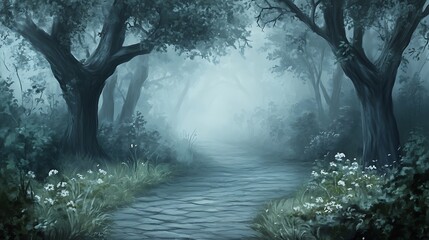 Misty forest pathway