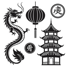 Black chinese dragon pagoda lantern and symbols calligraphy
