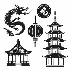 Black Chinese Dragon Pagoda Lantern Gazebo and Symbol