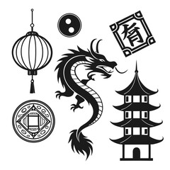 Black Chinese Dragon Pagoda Lantern Coin Symbol traditional