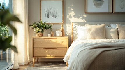 Bright modern guest room with a bedside table in light pastel tones, surrounded by green plants and minimalist decor. Cozy and elegant interior design.

