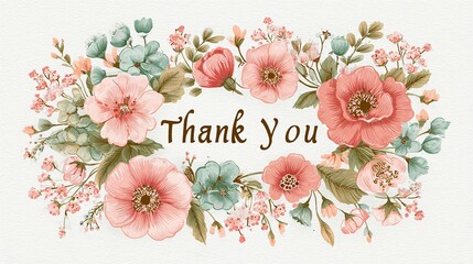 Floral "Thank You" text surrounded by pink and teal flowers on a textured background