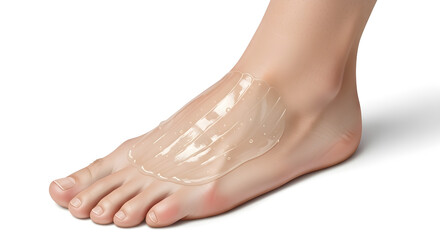 A translucent gel foot patch applied to a person's foot, providing soothing relief.
