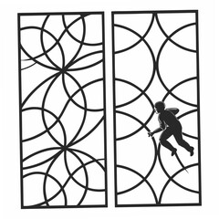 Black geometric patterns with a running figure abstract