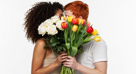 Couple sweetly kisses hidden behind vibrant tulip rose bouquet soft light. AI Generated