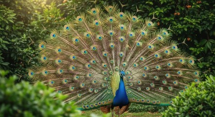 Obraz premium A Majestic Peacock Displays Its Iridescent Feathers in a Lush Green Forest