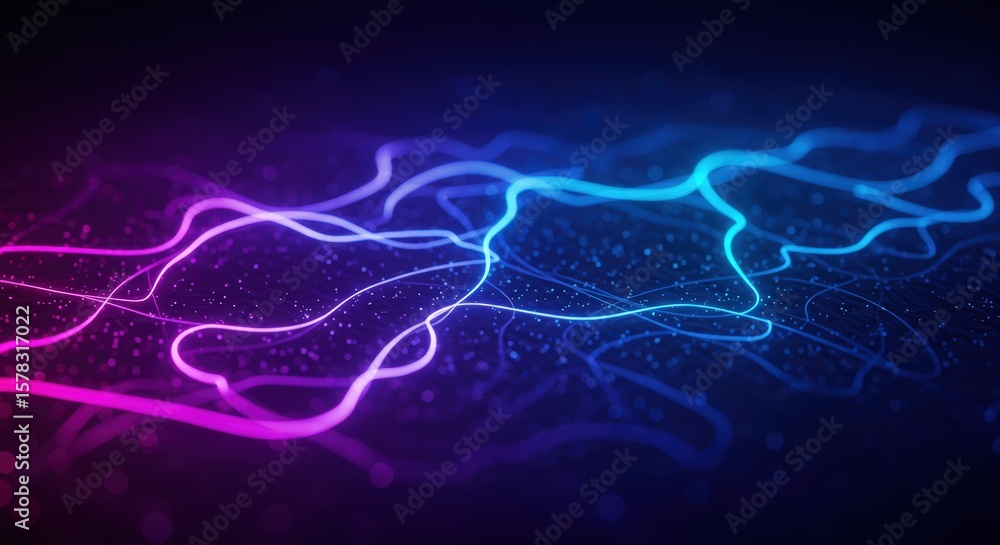 Poster abstract neon lines and digital particles background, futuristic glowing flowing lines with bokeh ef