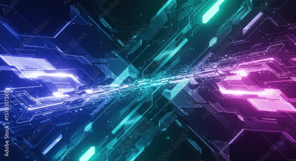 Poster cyberpunk cityscape: neon grid and futuristic geometry, abstract technology background with glowing 
