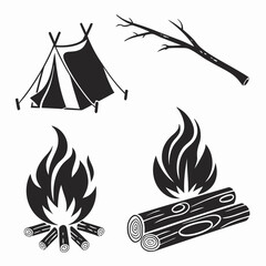 Black silhouettes of camping tent campfire logs and branches