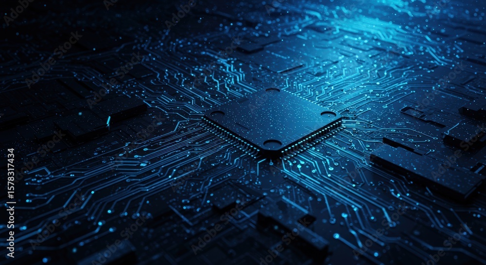 Poster intricate network: a high-tech view of a computer chip and its blue circuitry, a detailed close-up o