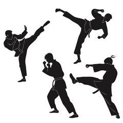 Black silhouettes of martial artists in dynamic poses