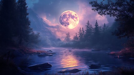 Naklejka premium Misty forest lake at night with full moon