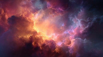 Vibrant nebula filled with swirling clouds of orange, pink, and blue gases