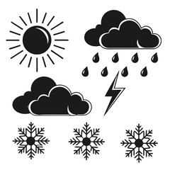 Black weather icons sun rain clouds lightning snowflakes