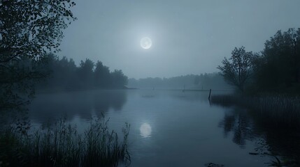 Misty lake at night
