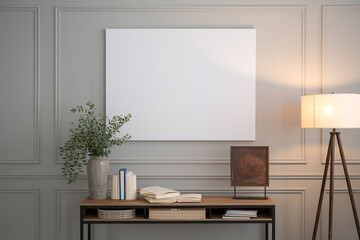 Modern interior design with a blank canvas on a paneled wall and a tripod lamp