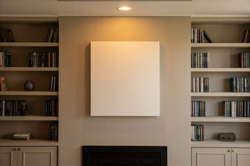 Modern living room with built in bookshelves and a blank canvas above fireplace