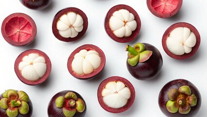 Overhead view of sliced and whole mangosteens on a white background