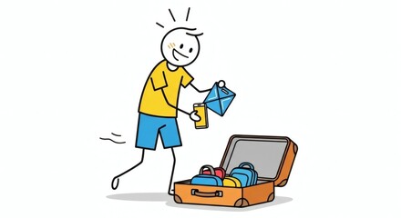 Excited Stick Figure Packing Suitcase for Vacation, Mobile Phone in Hand