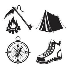 Camping hiking adventure icons silhouette
