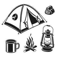 Camping gear tent lantern campfire mug wood vector