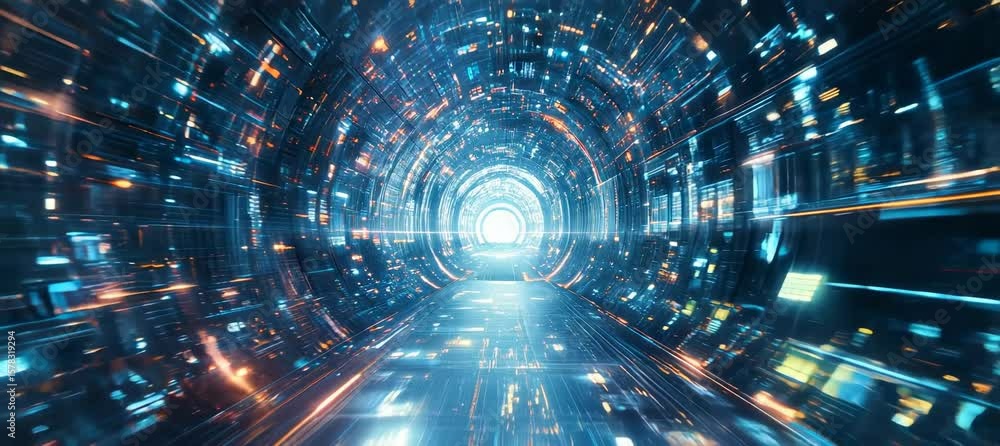 Poster virtual digital cyberspace. tunnel data portal. generative video ai technology.