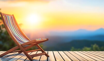 A wooden chair sits overlooking a colorful sunset landscape view