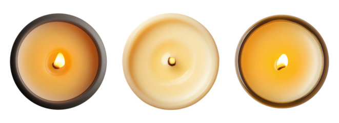 Three candles isolated on transparent background, top view