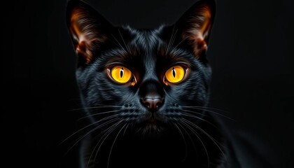 Stylized black cat with glowing yellow eyes, sleek fur, elegant pose,  drawing,  digital art