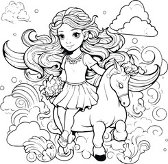 Girl On A Unicorn Flying Over A Rainbow Coloring Pages Drawing For Kids