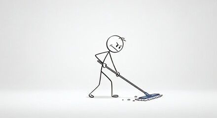 Grumpy Stick Figure Mopping with Blue Mop on White Background