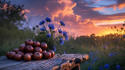 Apples and Blue Flowers on Wooden Table at Sunset