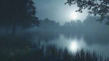 Misty lake at night