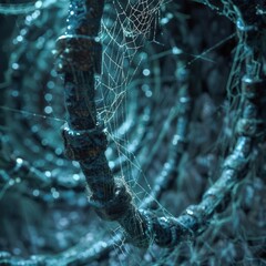 hollow blockchain links filled with spiderwebs on decay dark cyberpunk vault .