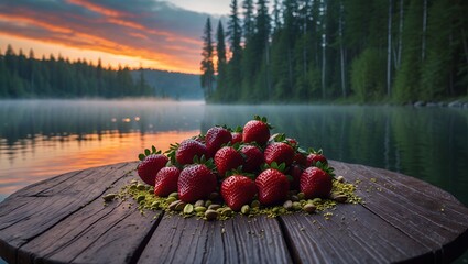 Pile of Fresh Strawberries and Pistachios on Wooden Table by Lake