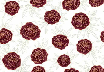 Luxurious Seamless Watercolor Pattern of Deep Red Roses with Elegant Gold Outlines, Accented by Subtle Green Leafy Silhouettes on a White Background, for High-End Design