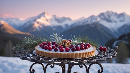 Cranberry Tart Displayed Against Majestic Mountain Backdrop, Sweet Holiday Treat