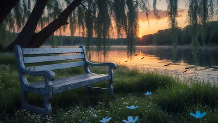 Wooden Bench Overlooking Serene Lake at Sunrise with Willow Tree