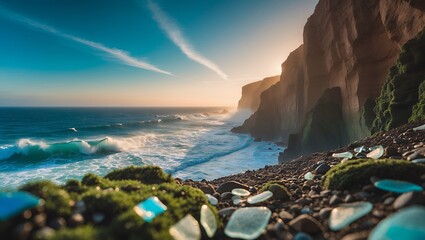 Ocean Waves Crashing on Rocky Shoreline at Sunset with Dramatic Cliffs