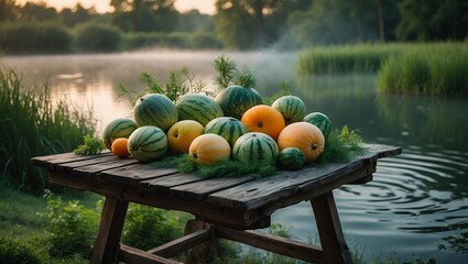 Watermelons and Pumpkins on Rustic Wooden Table Near Misty Lake